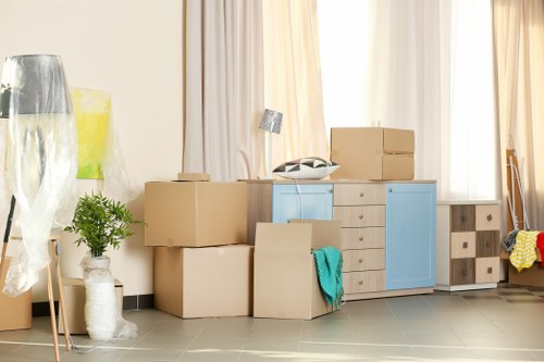 Packed moving boxes in a Bermondsey flat